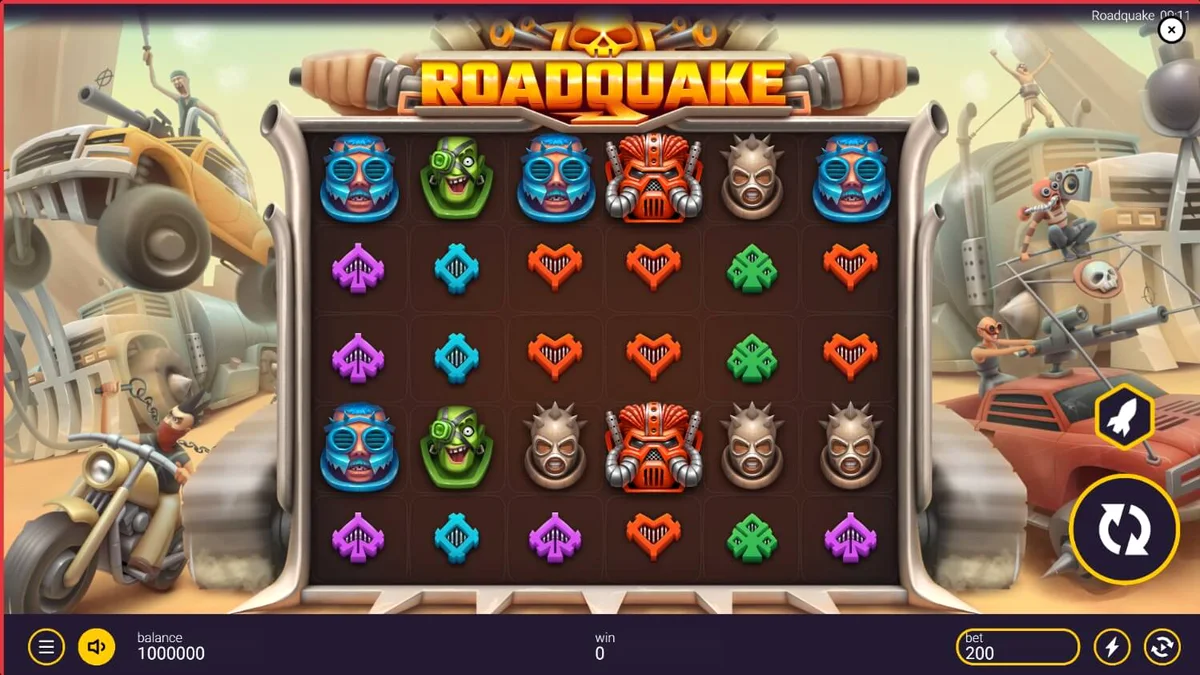 Tampilan visual slot Roadquake dengan tema pertempuran jalan raya yang penuh ledakan