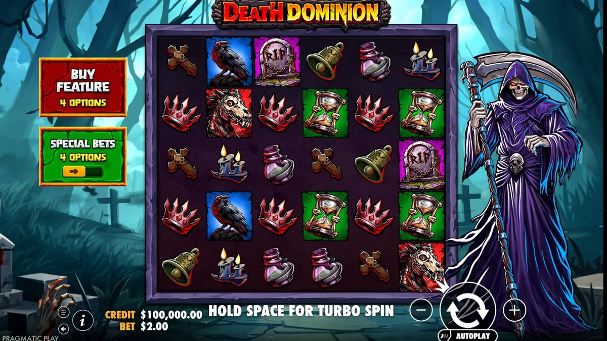 Tampilan visual slot Death Dominion dengan tema horor dan Grim Reaper